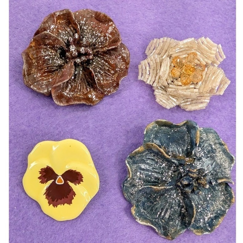 Vintage Lot‎ 4 Flower Brooch Beaded Textured Japan Pin and Avon Pansy Botanical